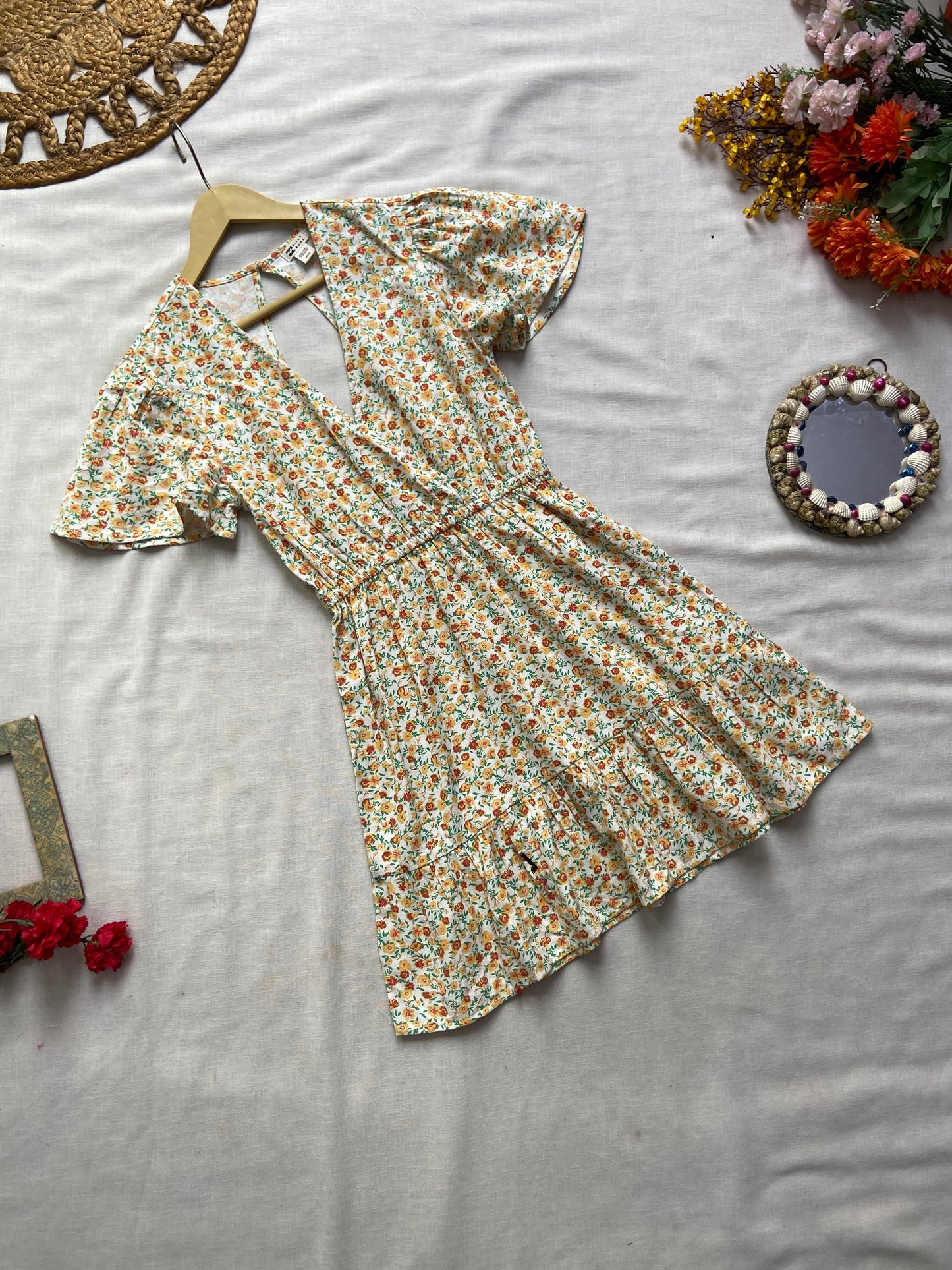 White Floral V Neck Mini Dress