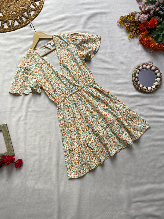 White Floral V Neck Mini Dress