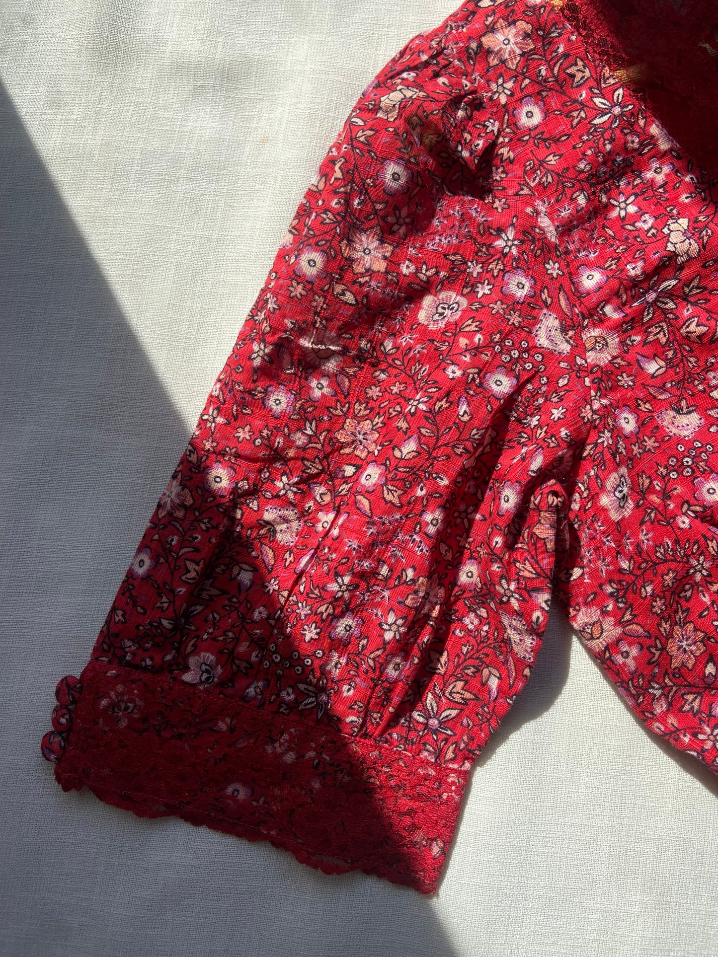 Red Floral Lace Trim V-Neck Top