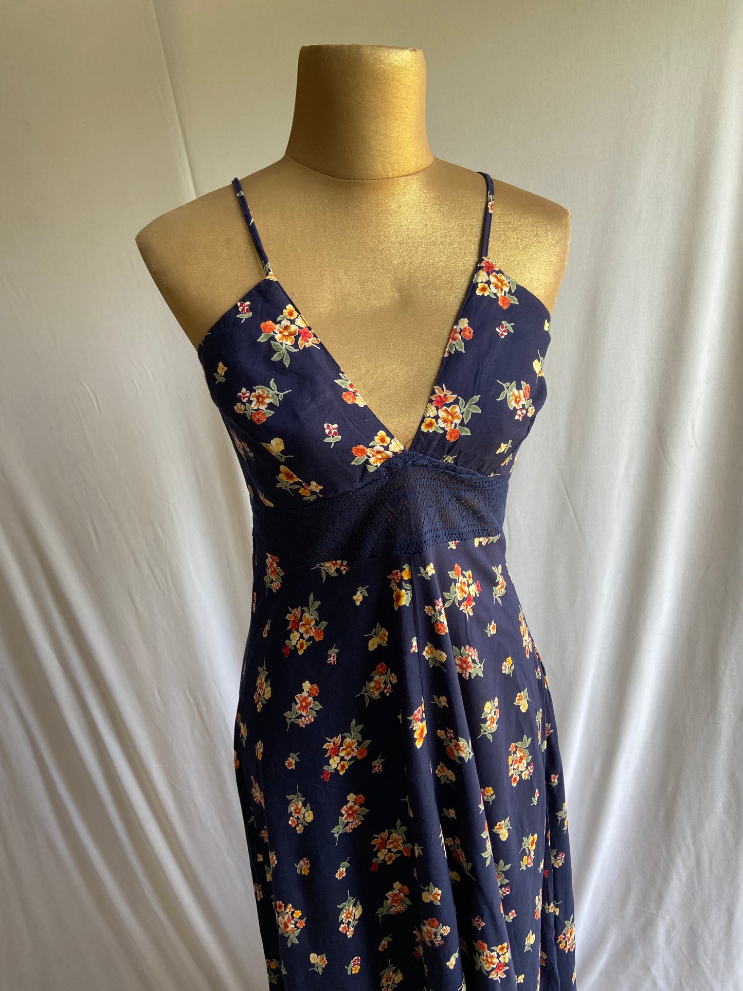 Navy Blue Floral Spaghetti Strap Maxi Dress