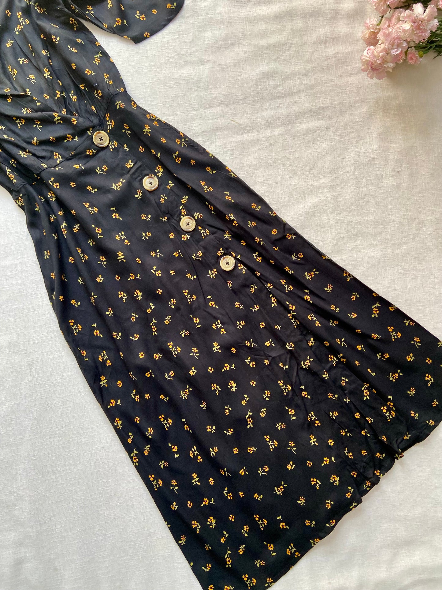 Black Floral Button-Front Midi Dress with Puff Sleeves