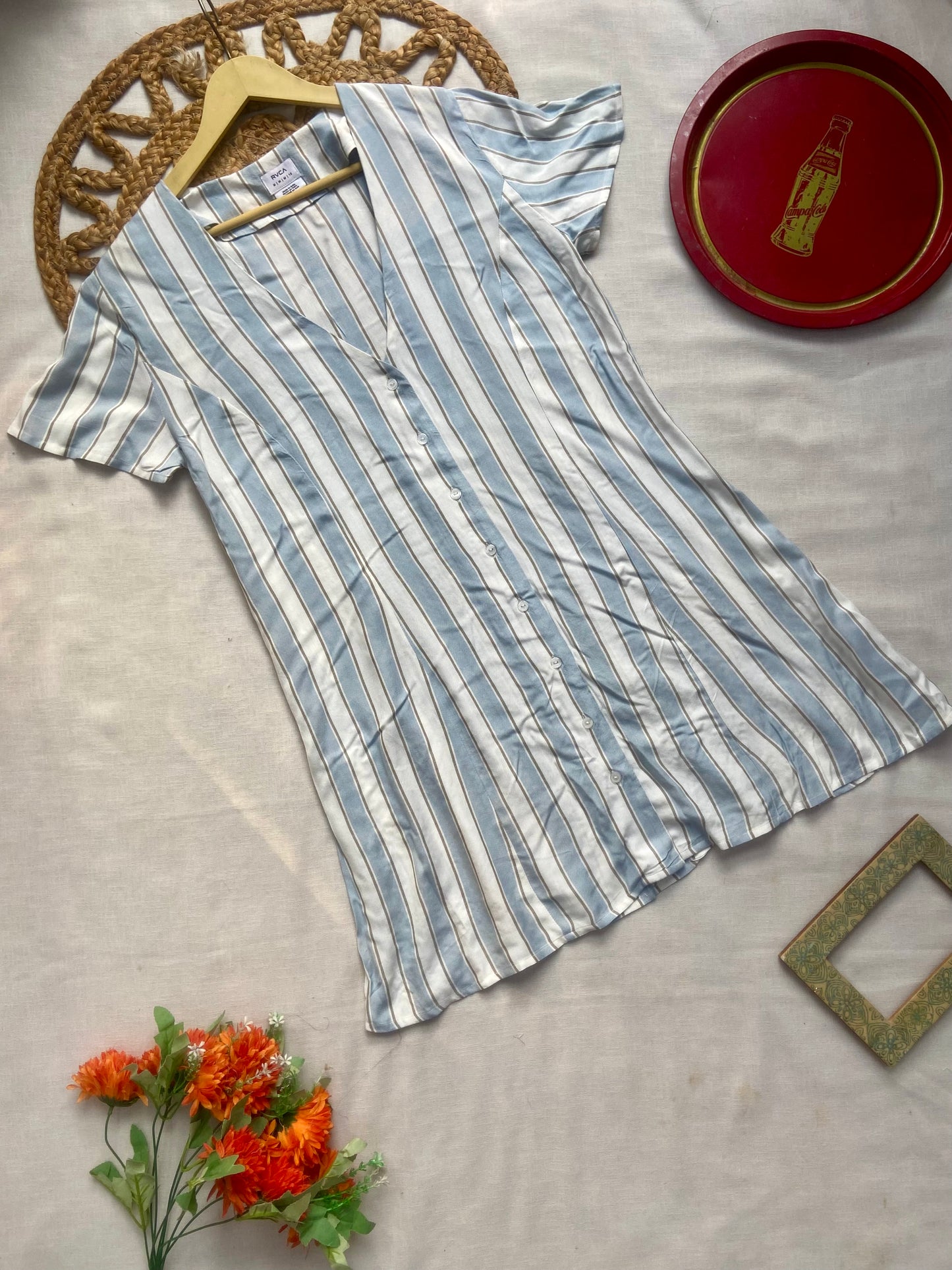 Women’s Blue & White Striped Button Down Tunic Dress