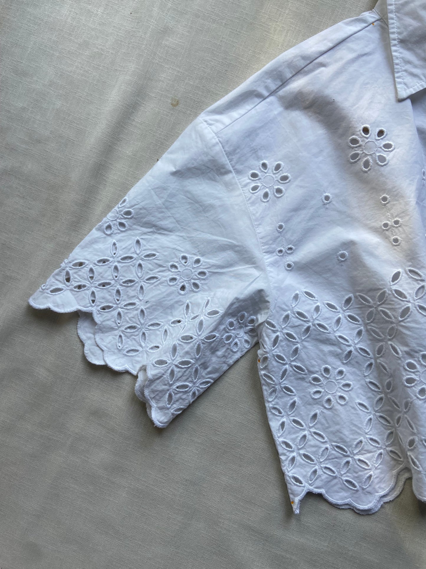 White Embroidered Eyelet Crop Shirt