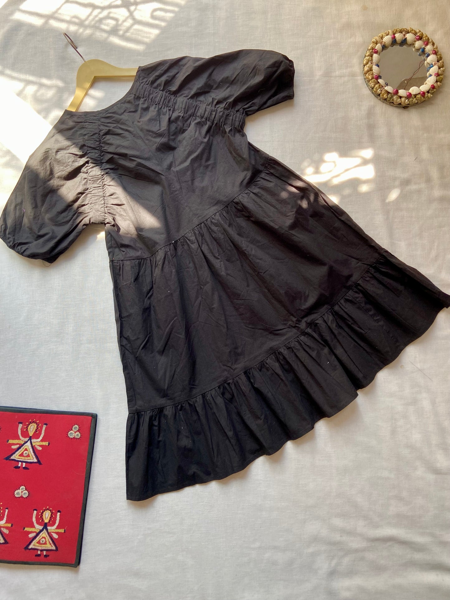 Black Cotton Puff Sleeve Midi Dress