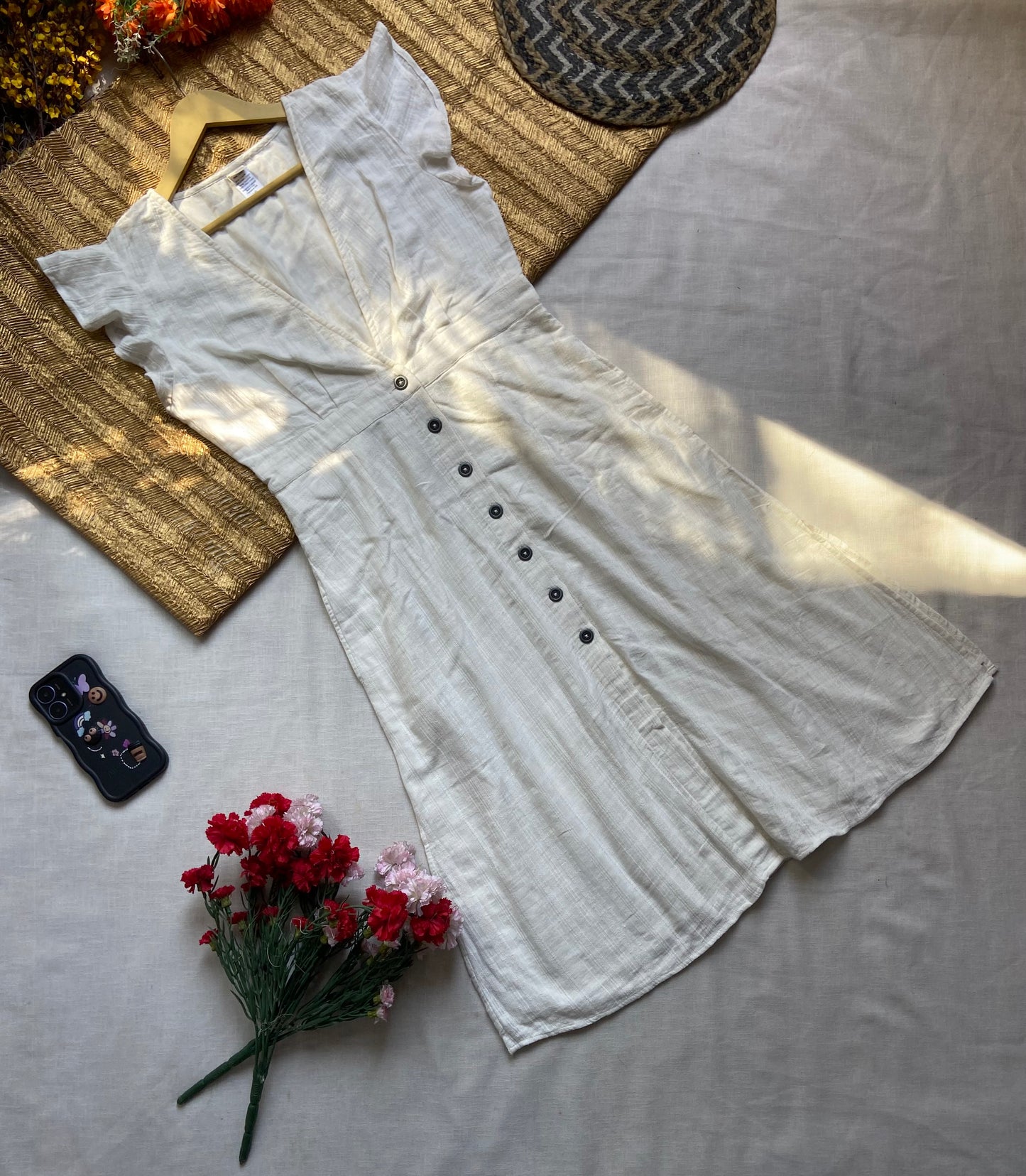 White Button-Down Linen Midi Dress