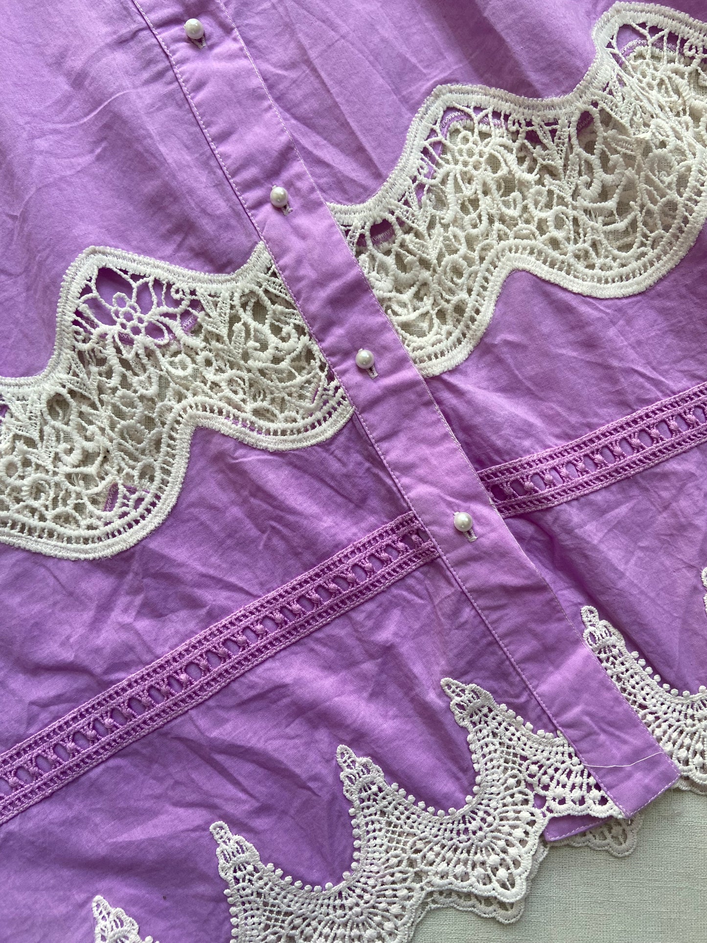 Elegant Lavender Shirt with Intricate White Lace Detailing