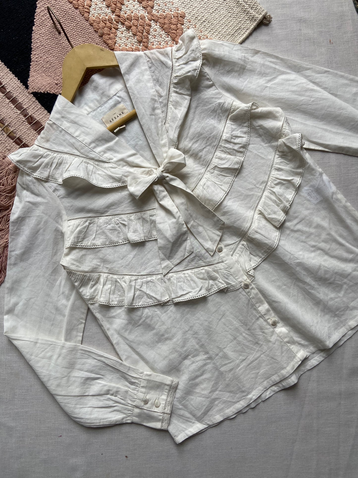 White Ruffled Long Sleeve Shirt with Bow Tie Neck