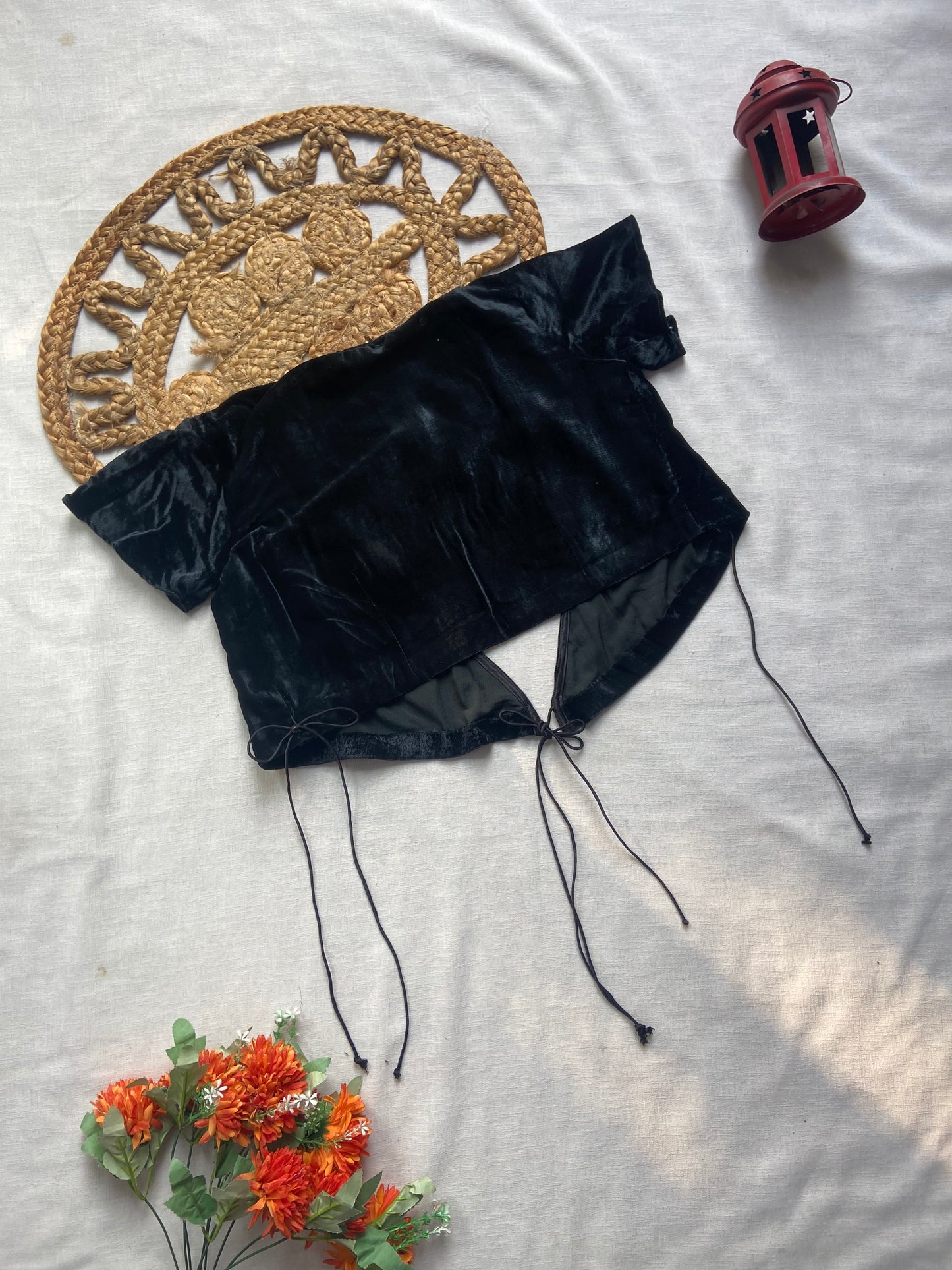 Women’s Black Velvet Off Shoulder Tie Front Crop Top