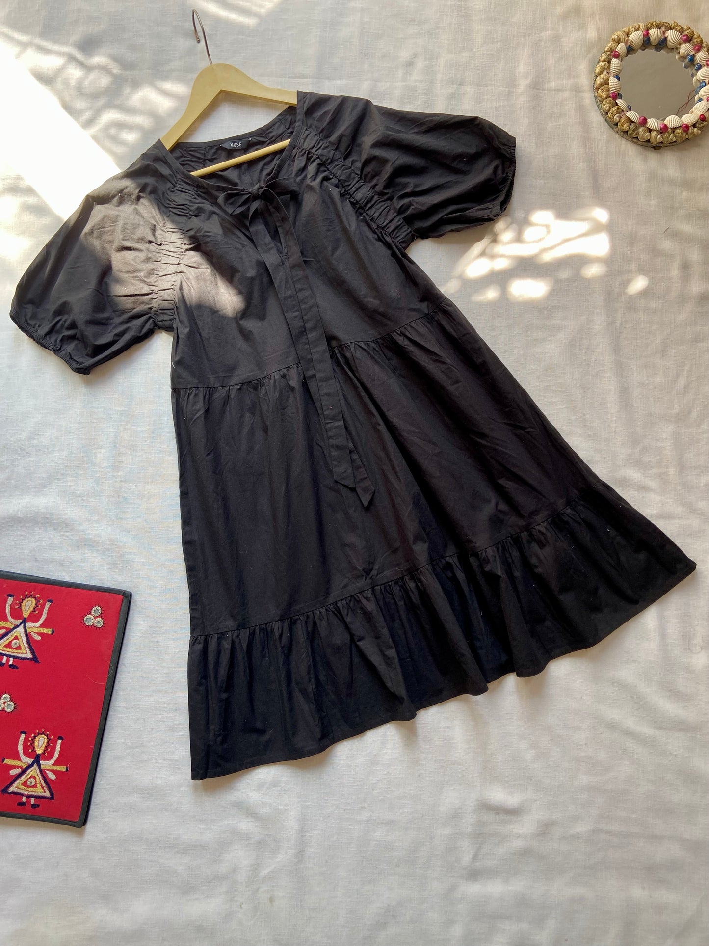 Black Cotton Puff Sleeve Midi Dress