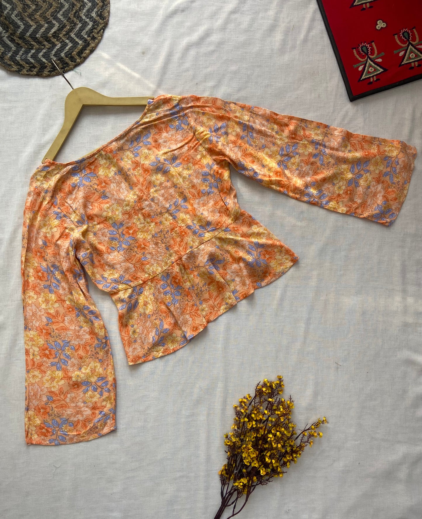 Floral Sheer Bell Sleeve Tie-Front Blouse