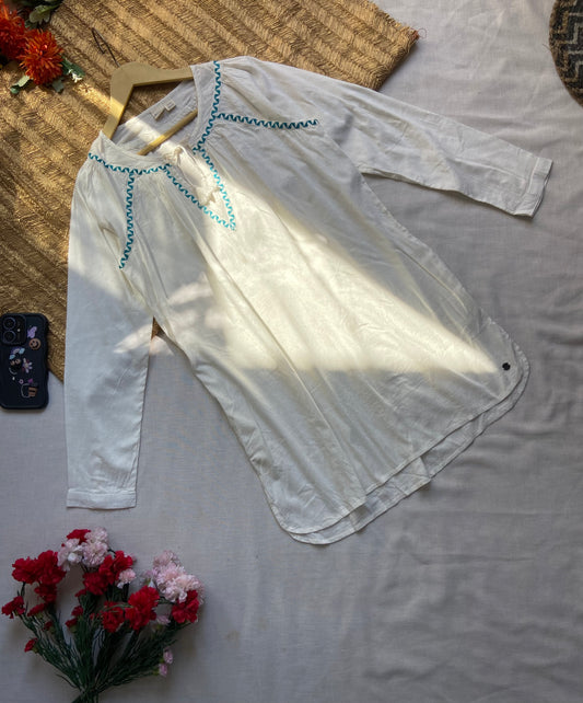 Off-White Cotton Kurti with Blue Thread Detailing