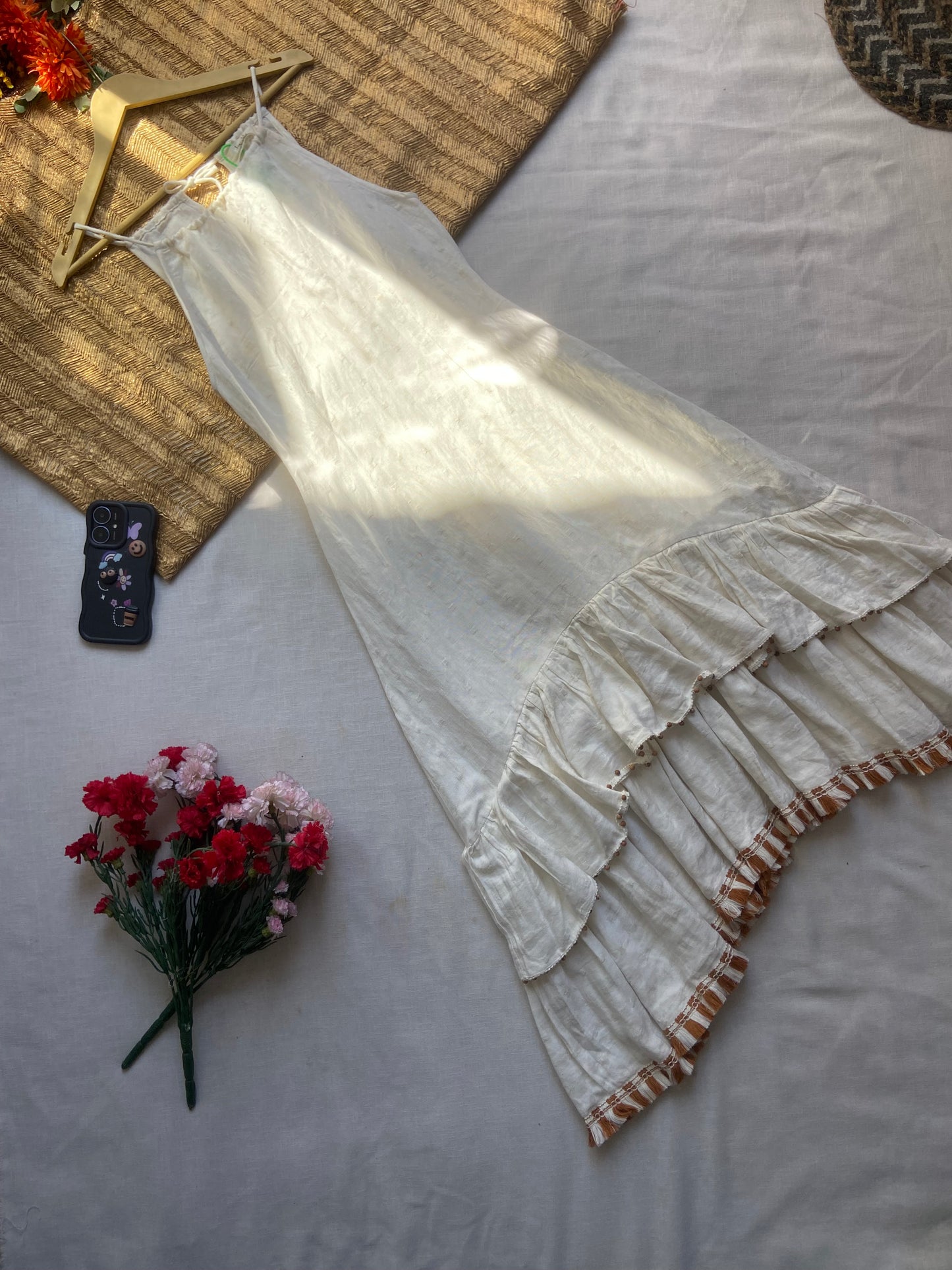 Off-White Ruffled Hem Sleeveless Cotton Dress