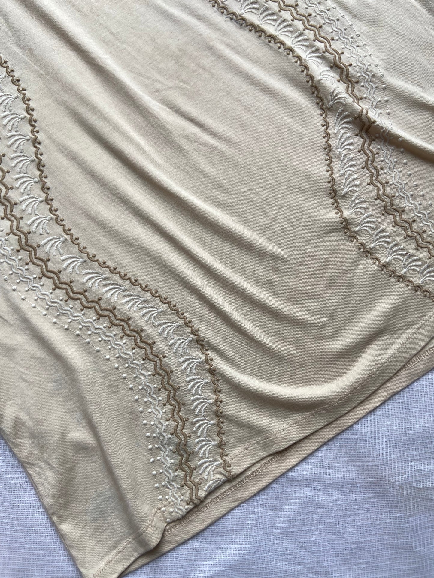 Women's Beige Embroidered Relaxed Fit Cotton T-Shirt