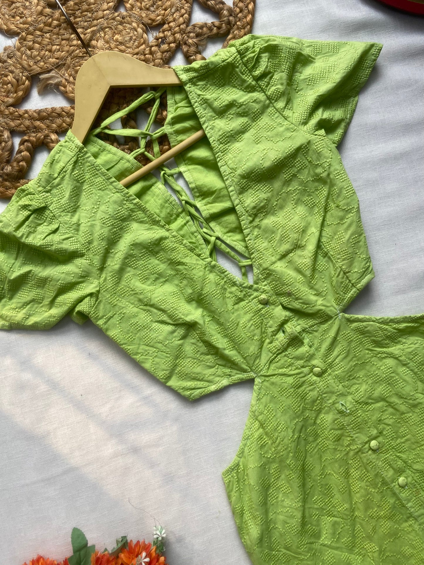 Women’s Lime Green Cut-Out Front Buttoned Dress with Ruffle Hem