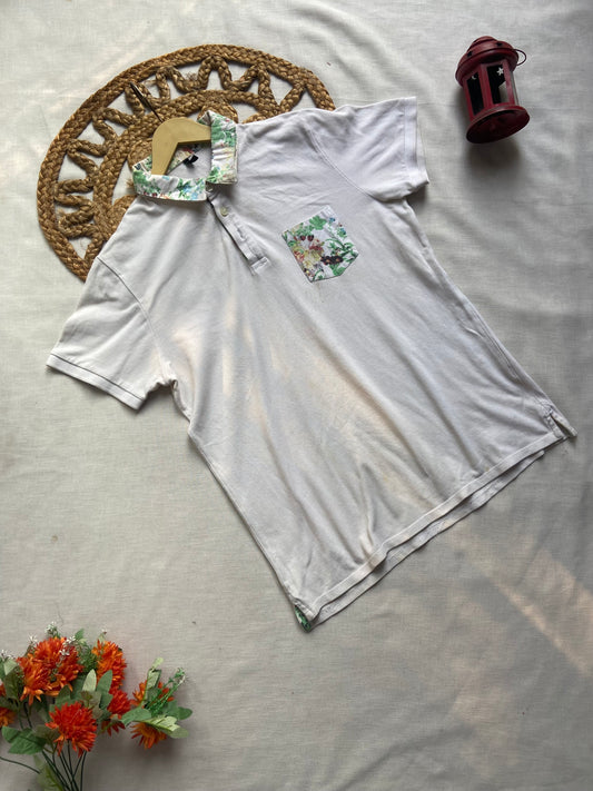 Men's White Polo T-Shirt with Floral Collar & Pocket