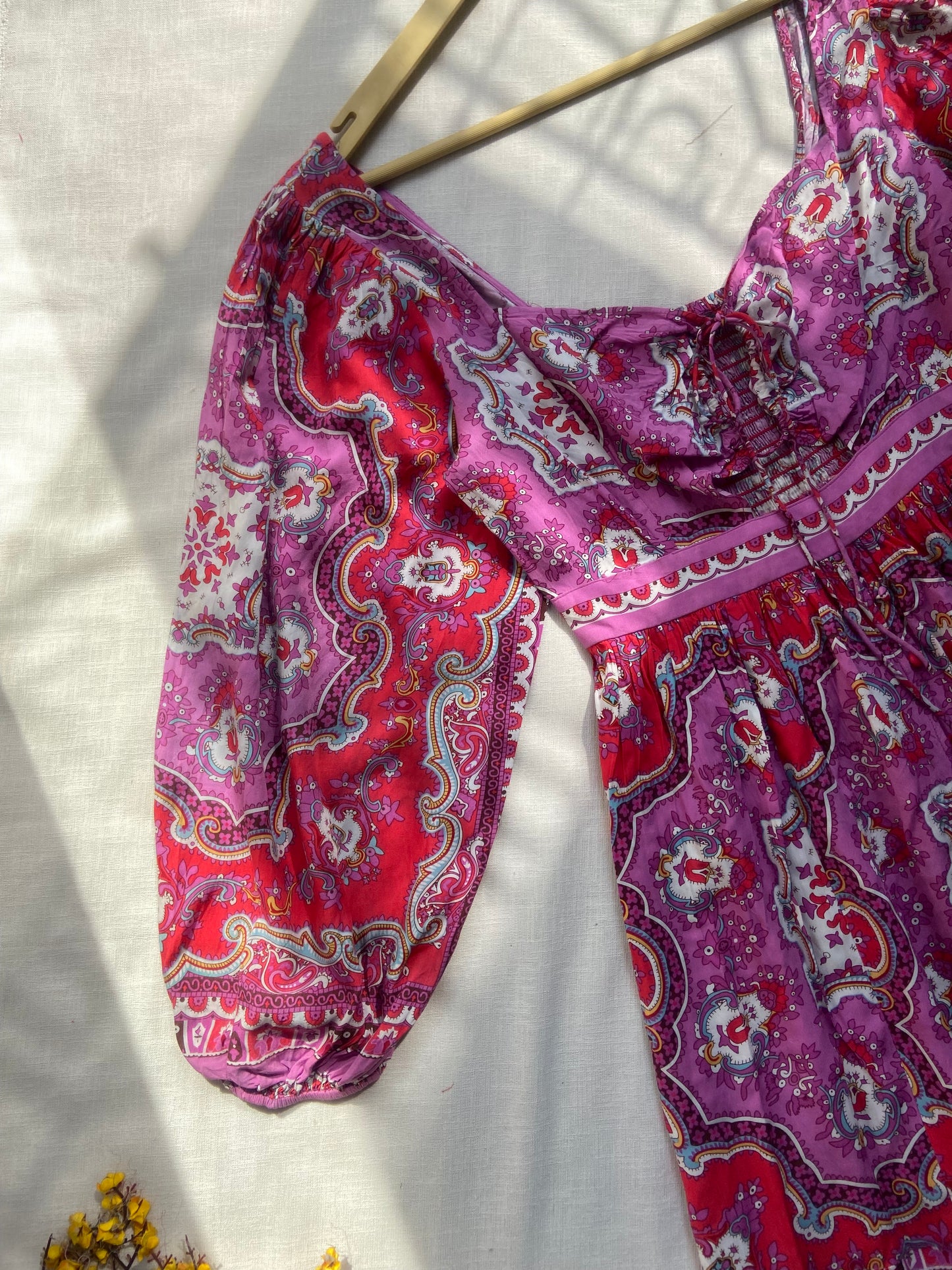 Boho Printed Puff Sleeve Dress – Pink & Red