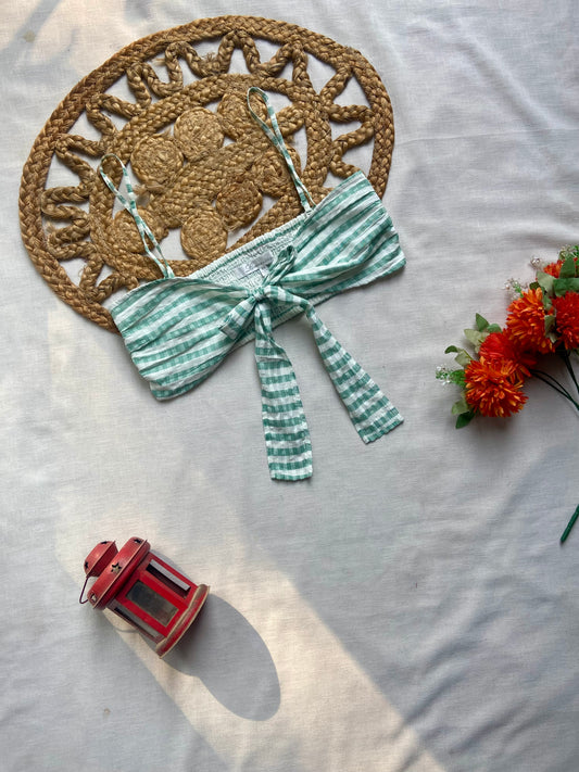 Women's Green & White Striped Tie Front Crop Top