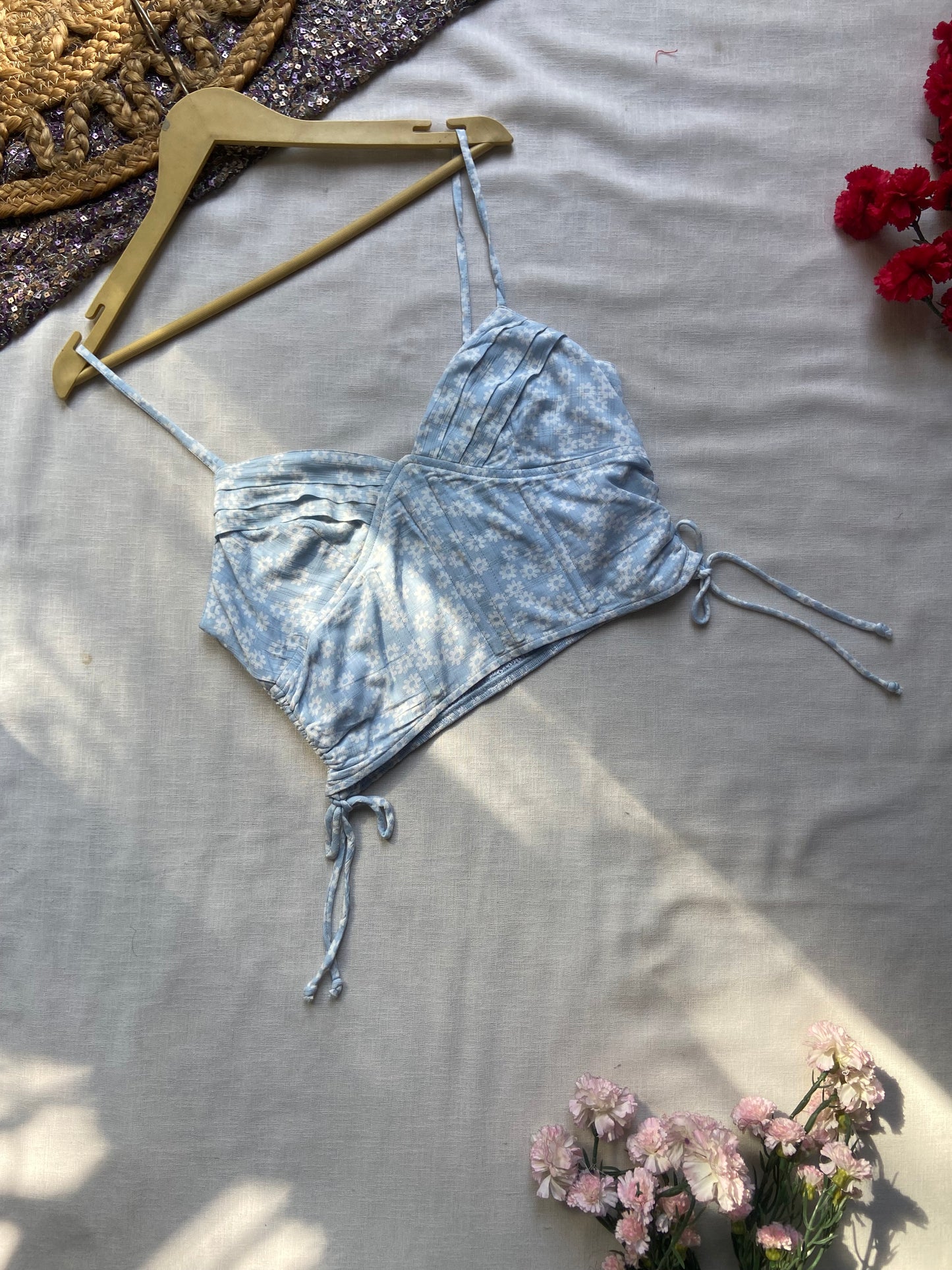 Women's Light Blue Floral Ruched Crop Top