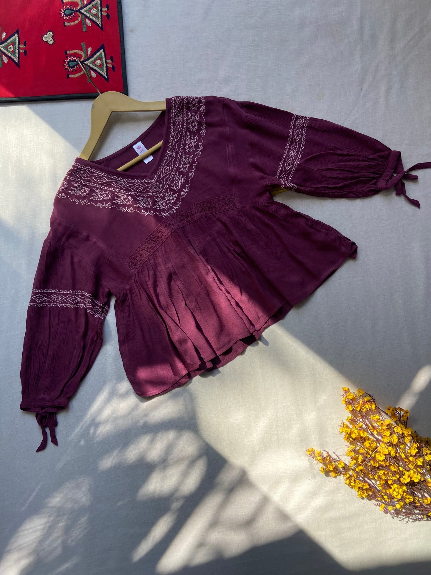 Boho Chic Maroon Embroidered Peplum Top