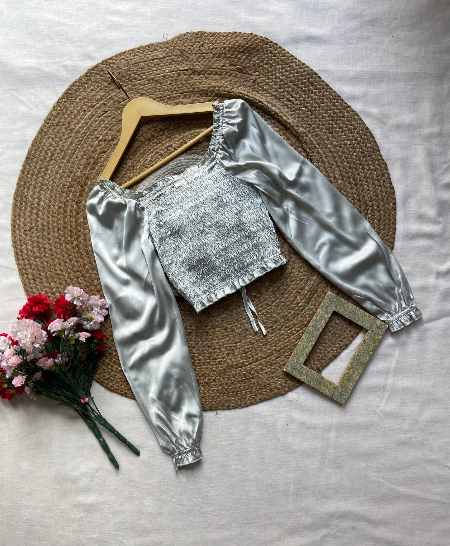 Satin Puff Sleeve Smocked Crop Top