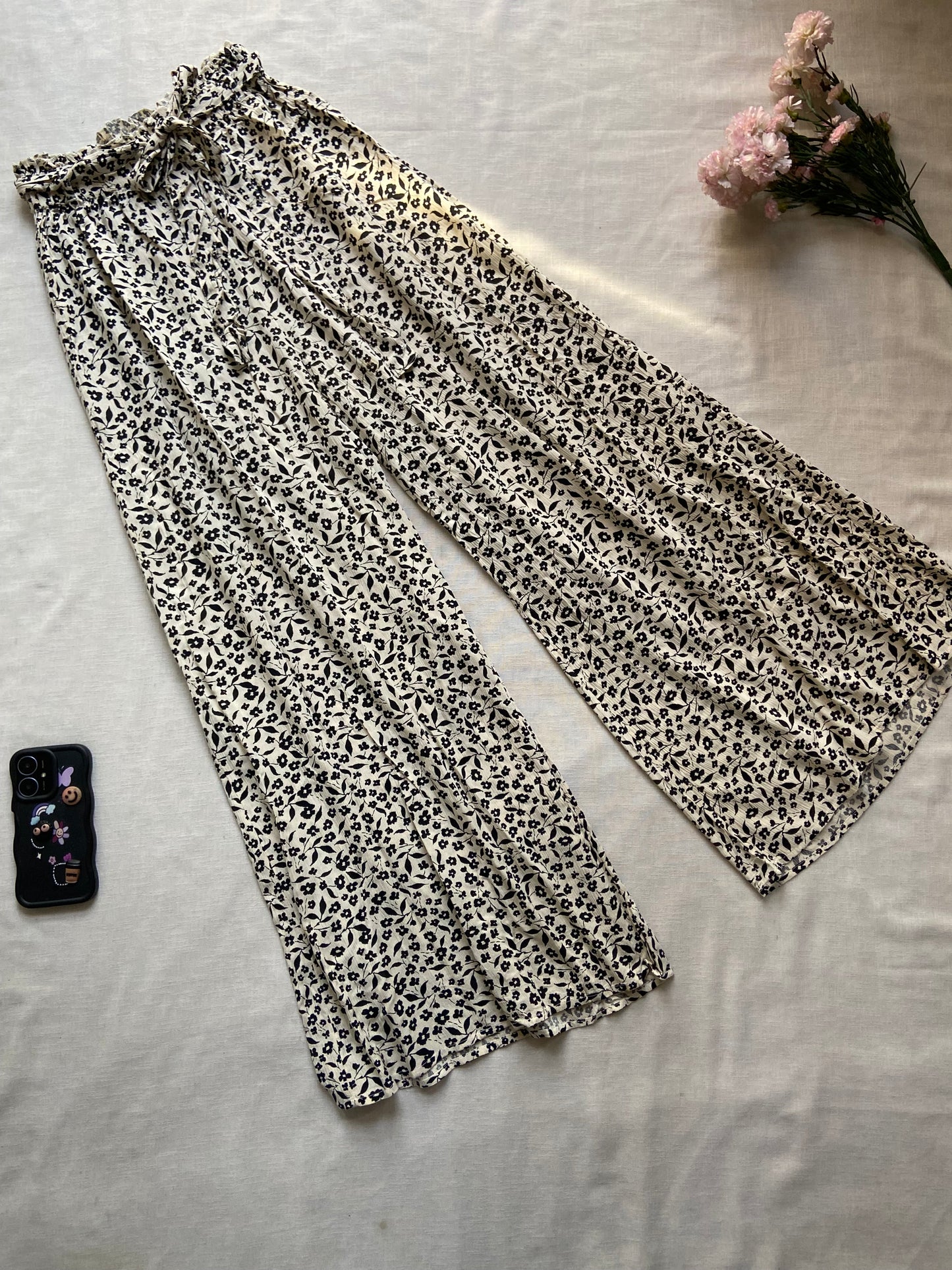 Black And White Floral Flared Pants