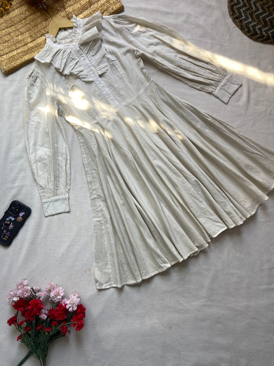 Women's Vintage White Ruffle Collar Fit & Flare Dress