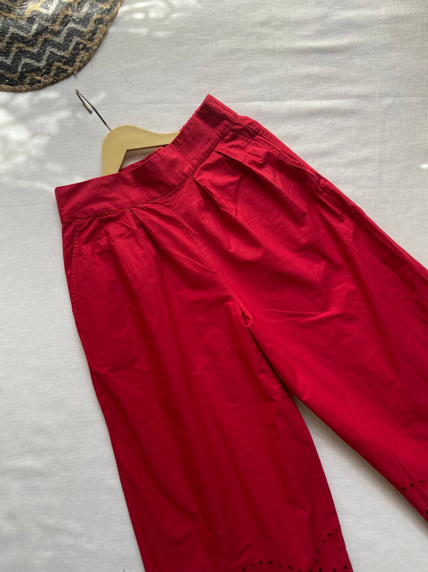 Women's Red Cotton Culottes with Embroidered Hem Detailing