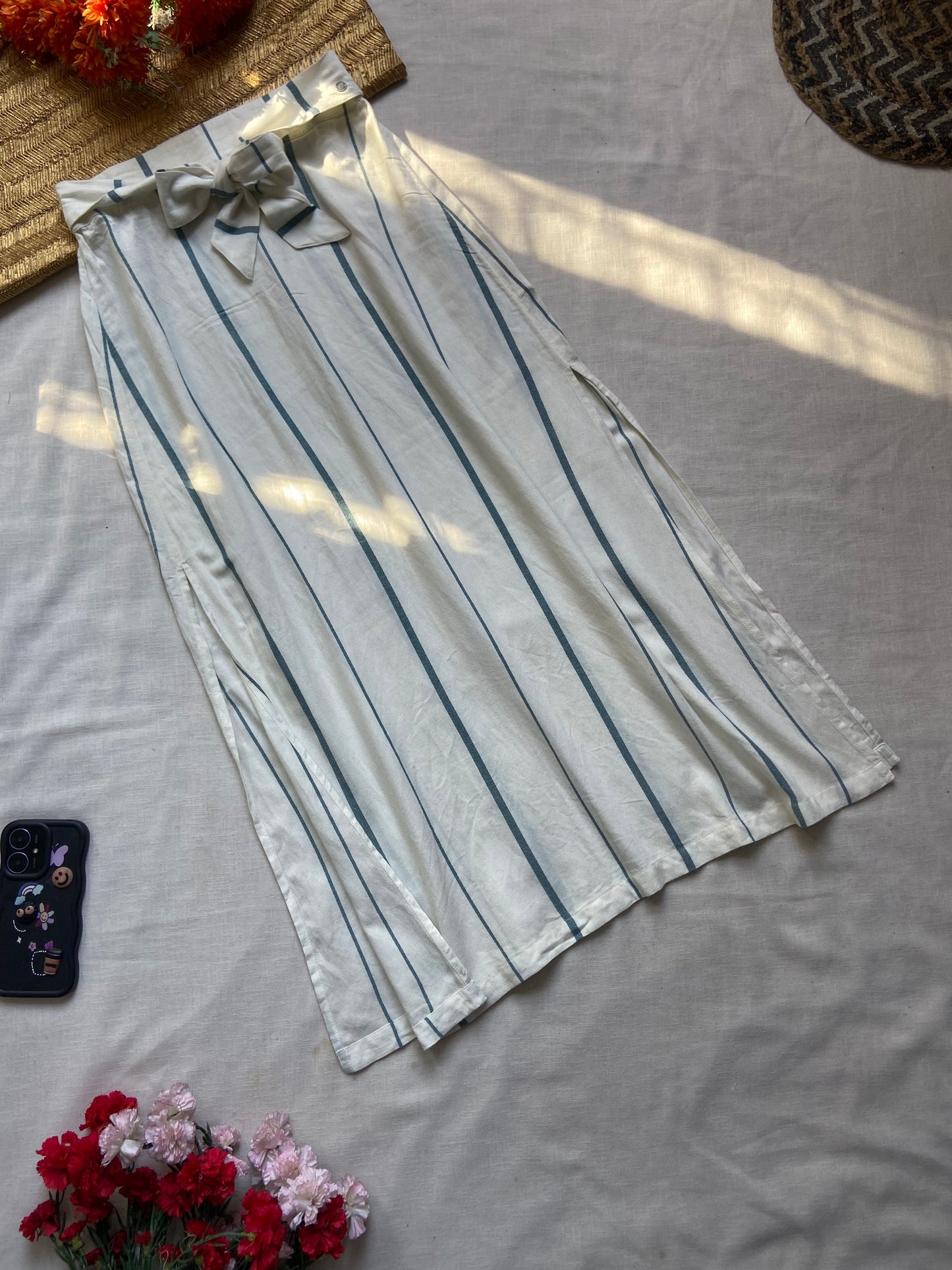 Women's White Striped A-Line Midi Skirt with Bow Belt