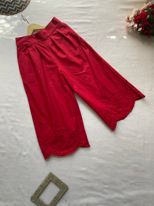 Women's Red Cotton Culottes with Embroidered Hem Detailing