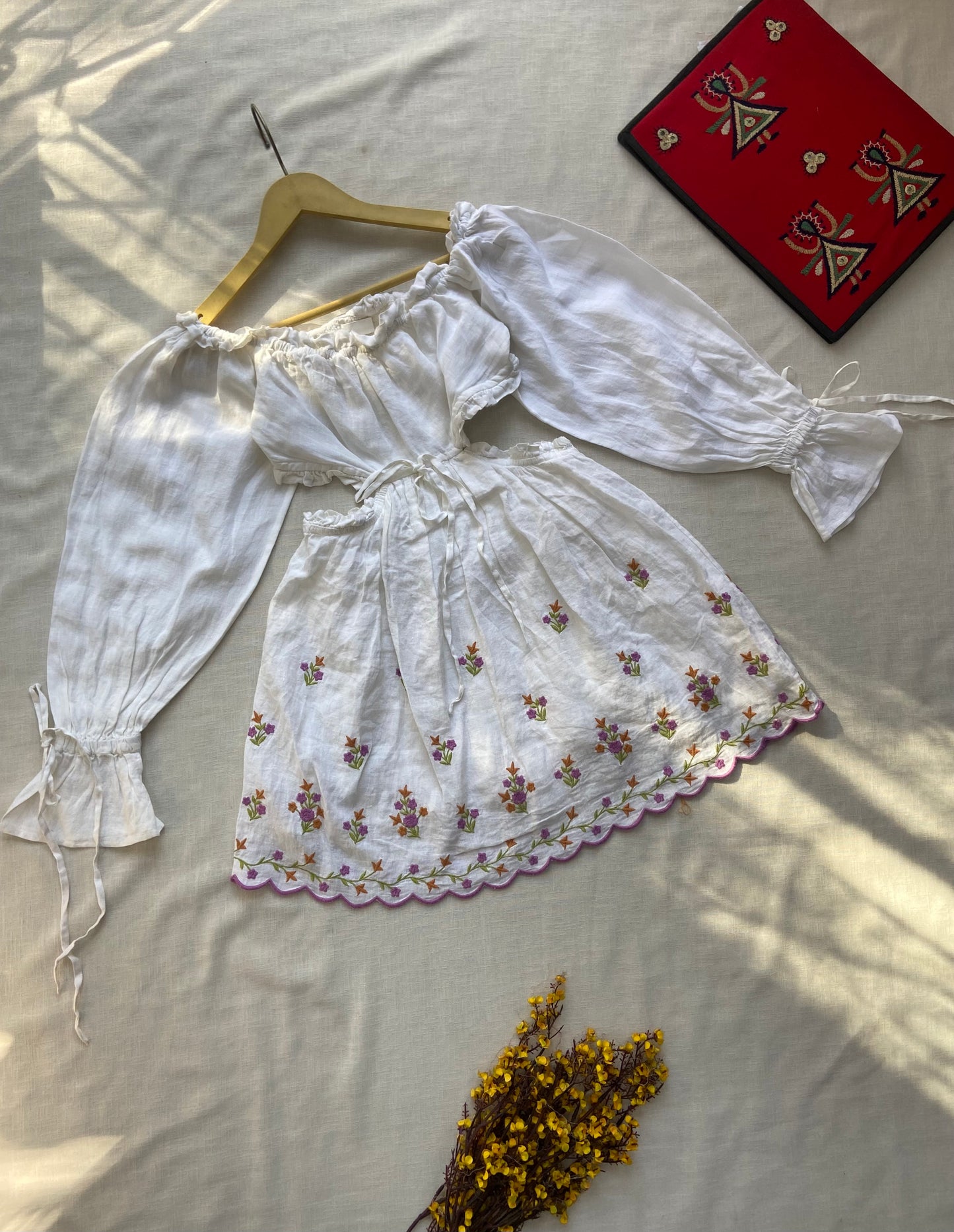 Elegant White Embroidered Peasant Top with Puff Sleeves