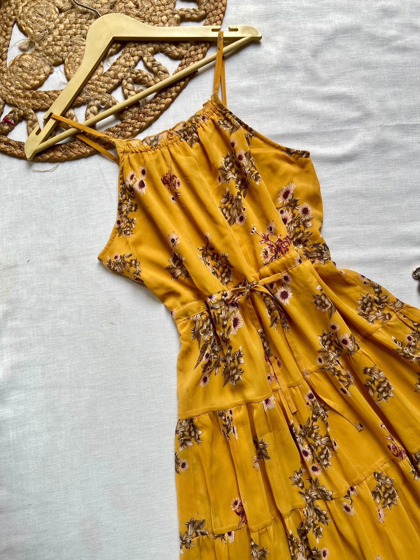 Yellow Floral Tiered Midi Dress