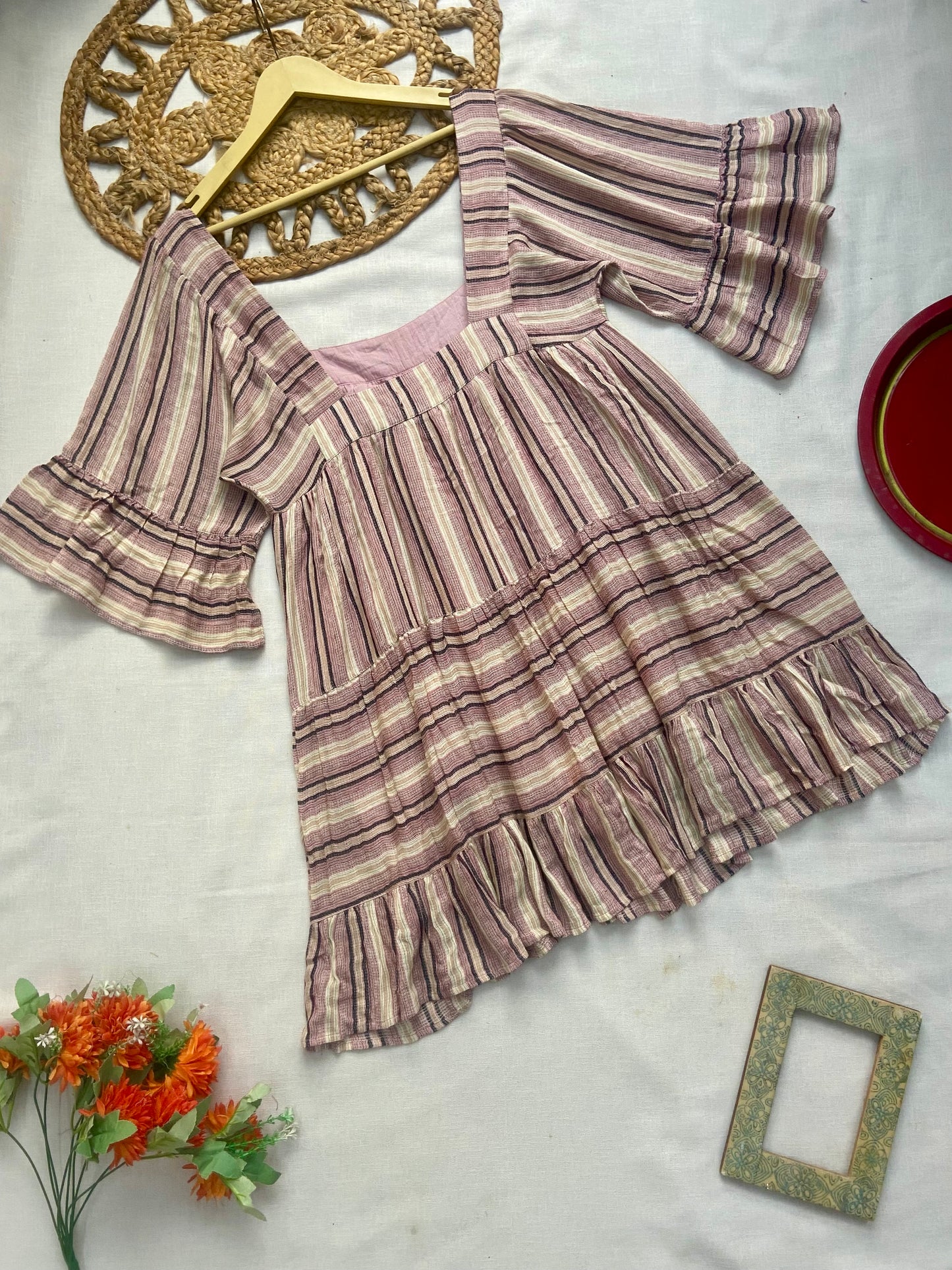 Women’s Striped Flared Sleeve Tunic Top with Ruffle Hem