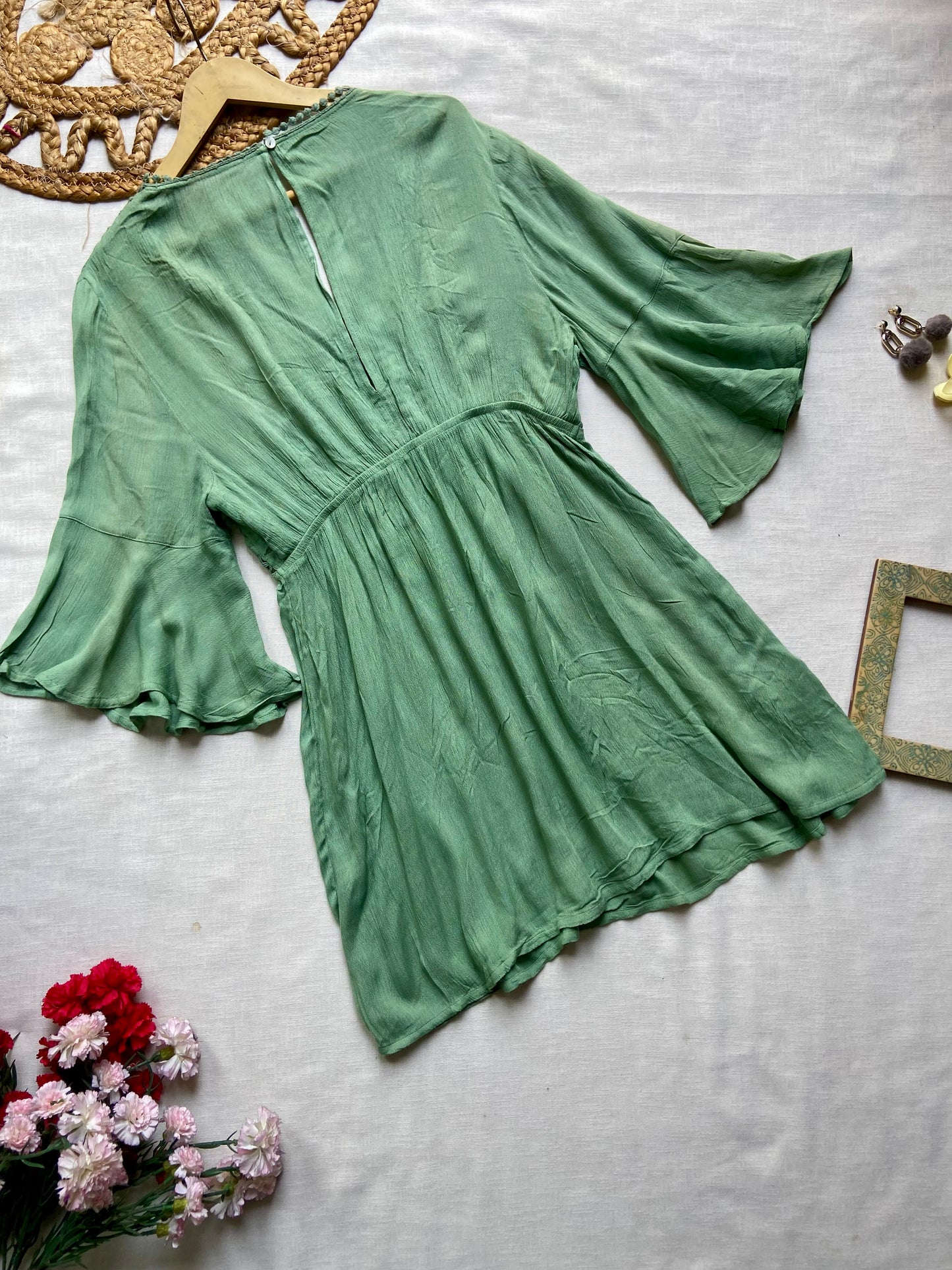 Green Lace Detailed Mini Dress