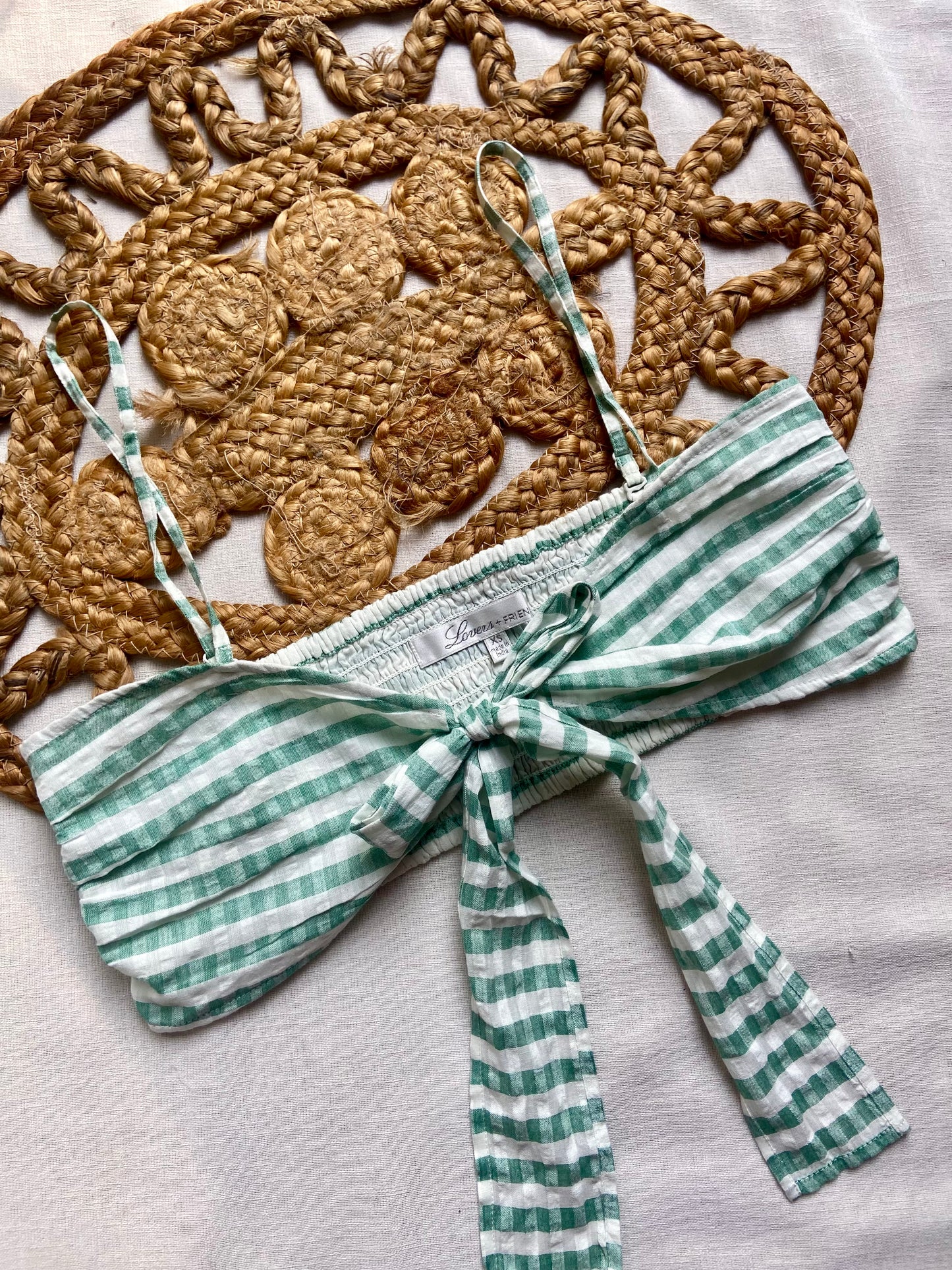 Women's Green & White Striped Tie Front Crop Top