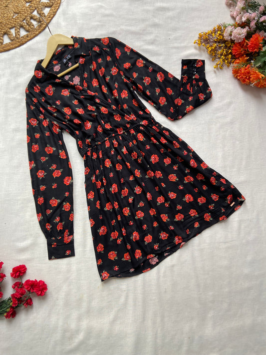 Women's Black Floral Print Long Sleeve Mini Dress