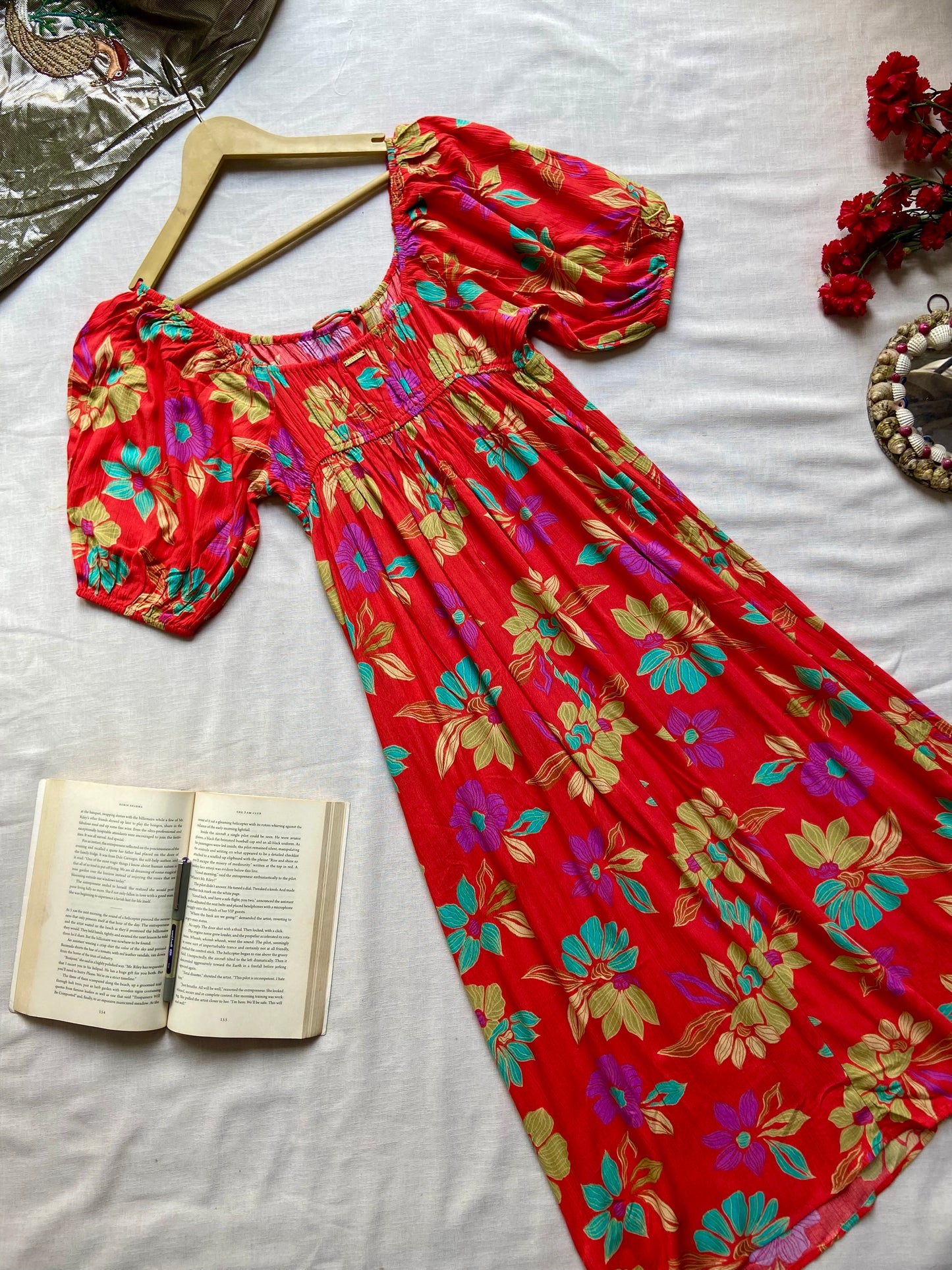 Red Off-Shoulder Floral Midi Dress