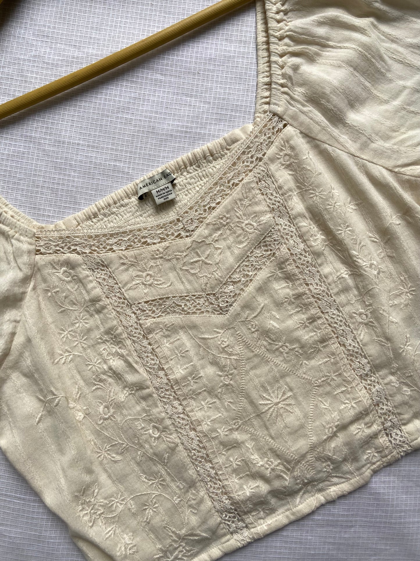 Women's Cream Embroidered Puff Sleeve Crop Top