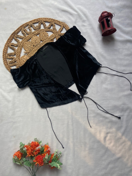 Women’s Black Velvet Off Shoulder Tie Front Crop Top
