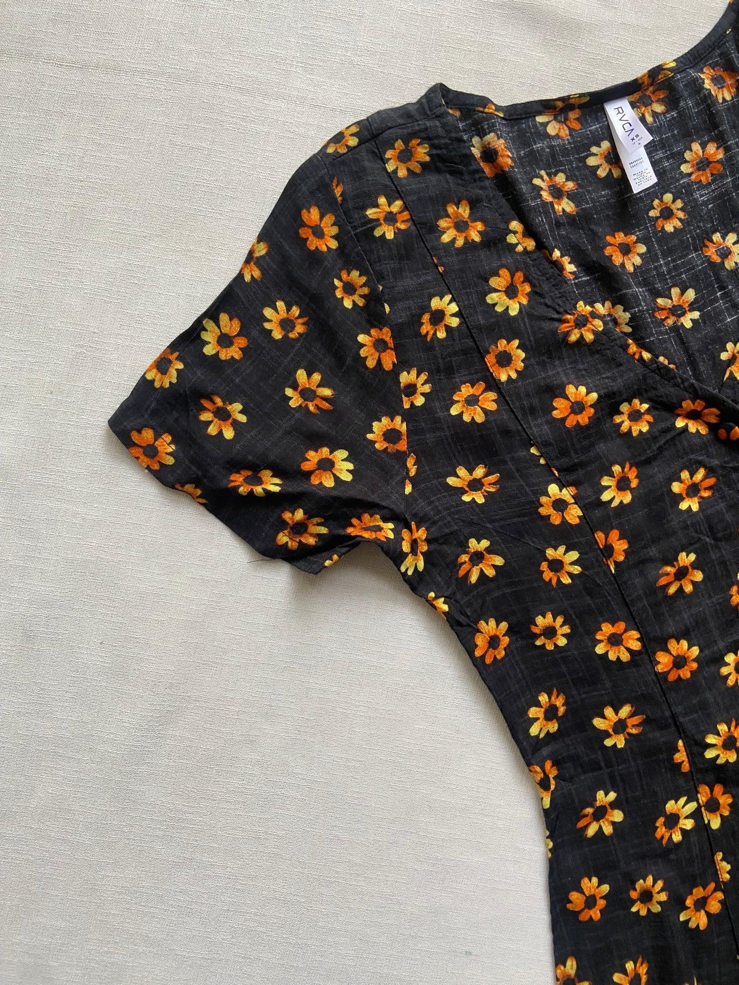 Black Floral V Neck Button Down Mini Dress