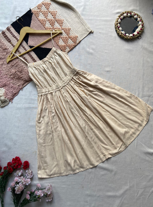 Beige Spaghetti Strap Flowy Midi Dress