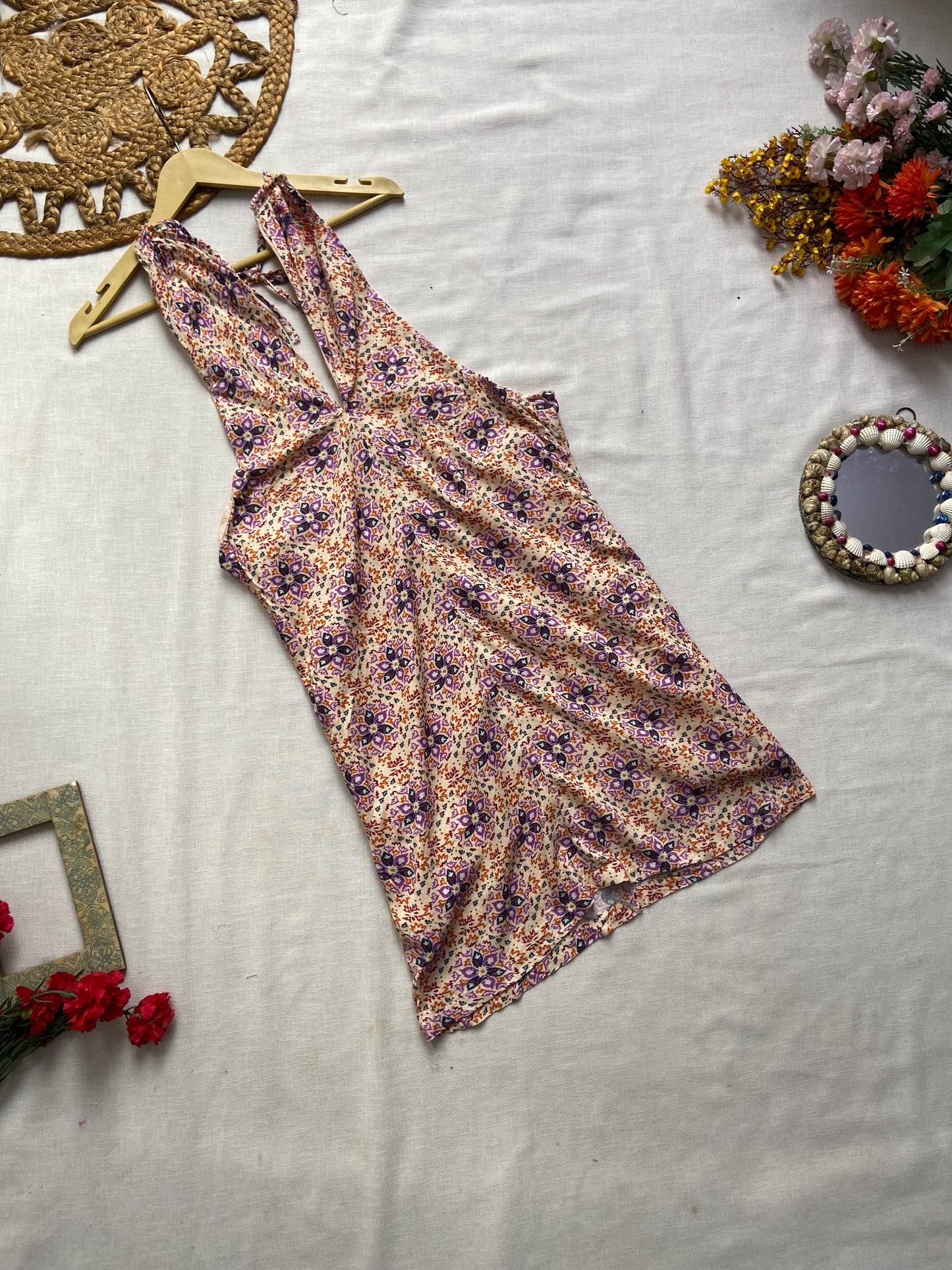 Beige Floral Halter Neck Backless Mini Dress