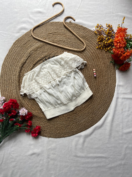 Women's Off-Shoulder White Boho Crop Top with Lace & Tassel Detailing