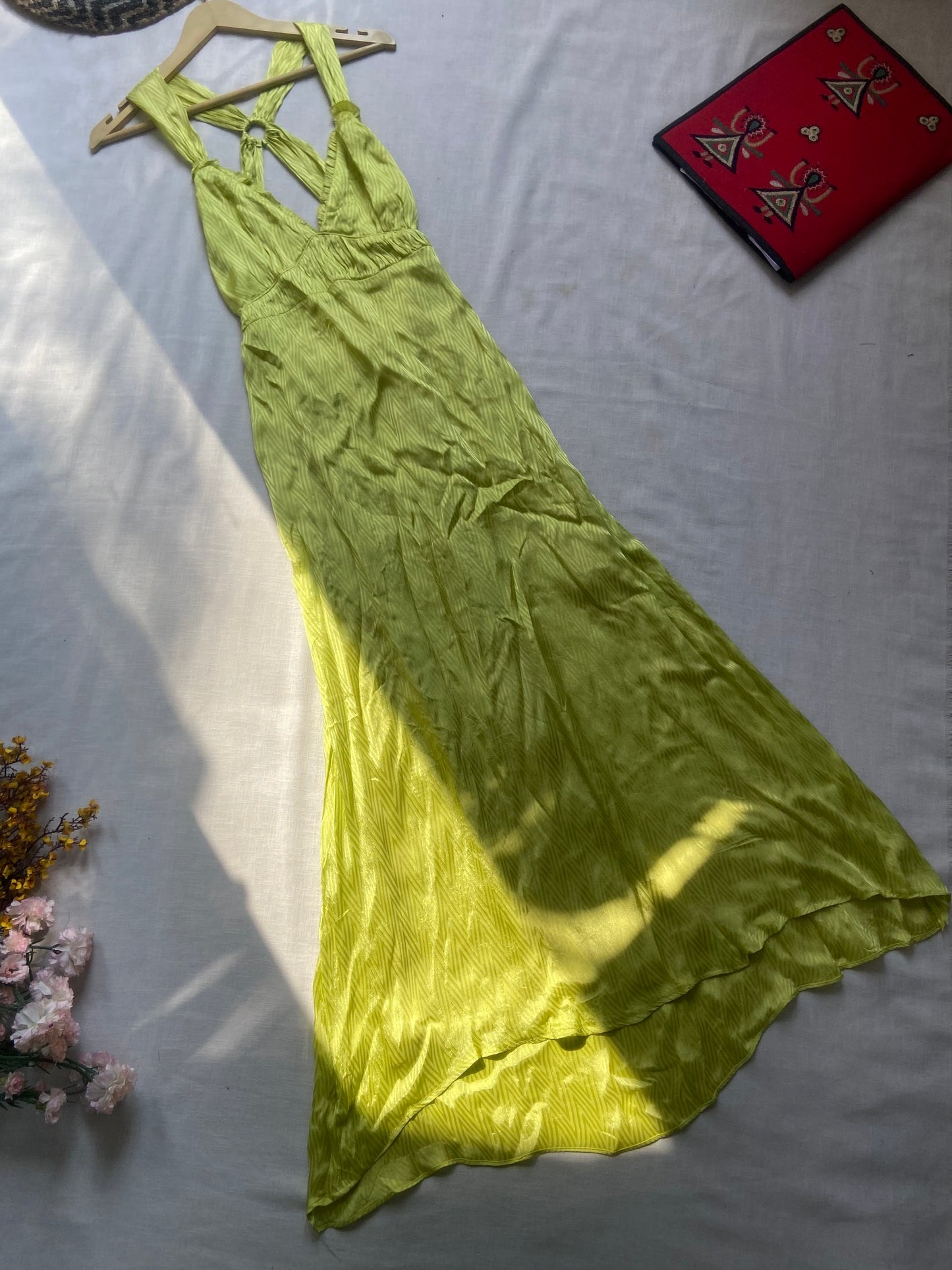 Lime Green Satin Backless Maxi Dress