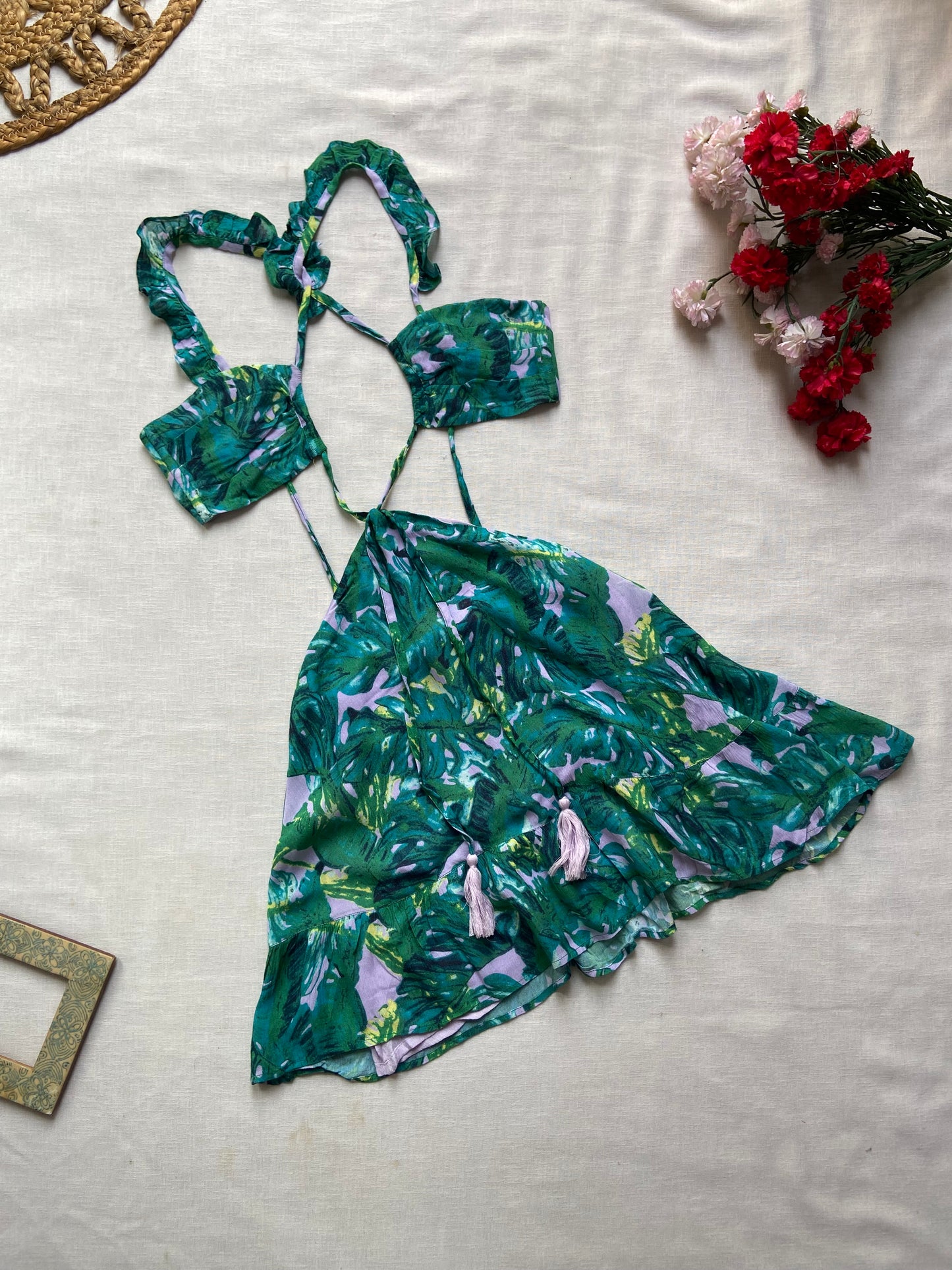 Green Floral Cut out Mini Dress