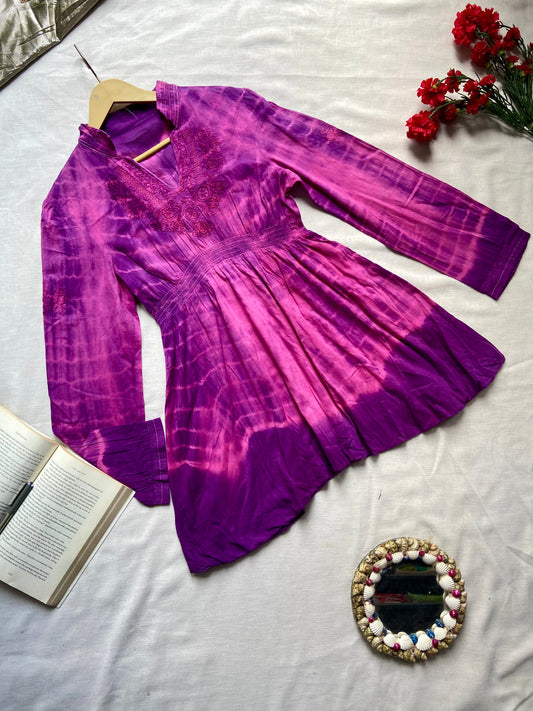 Purple Tie-Dye Long Sleeve Tunic with Embroidery