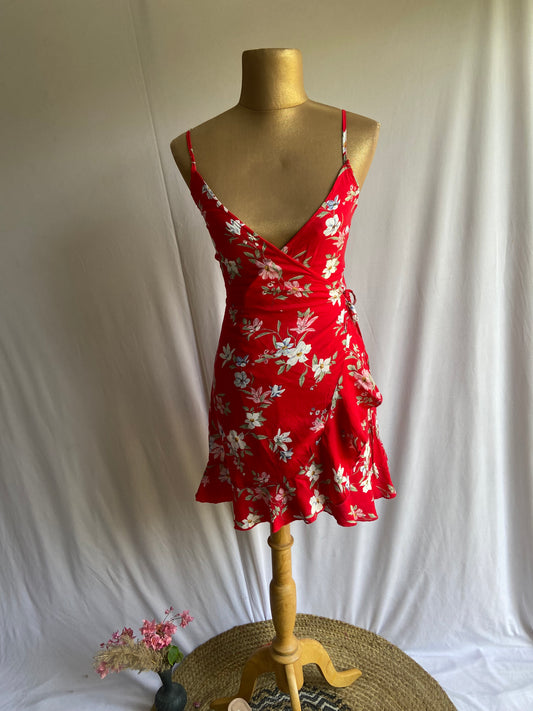 Red Floral Wrap Mini Dress with Ruffle Hem