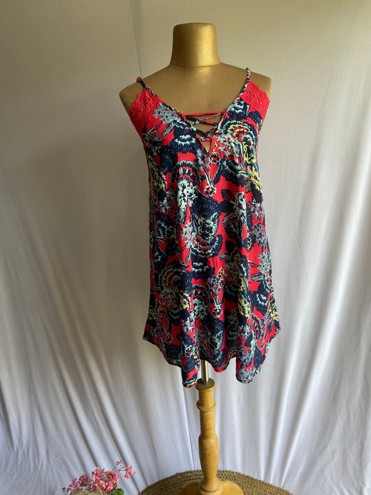 Boho Floral Print Lace-Up Sleeveless Mini Dress