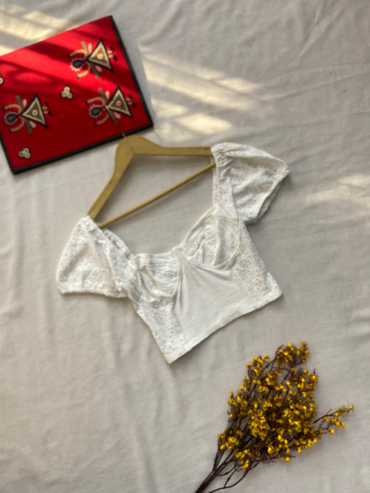White Eyelet Puff Sleeve Crop Top