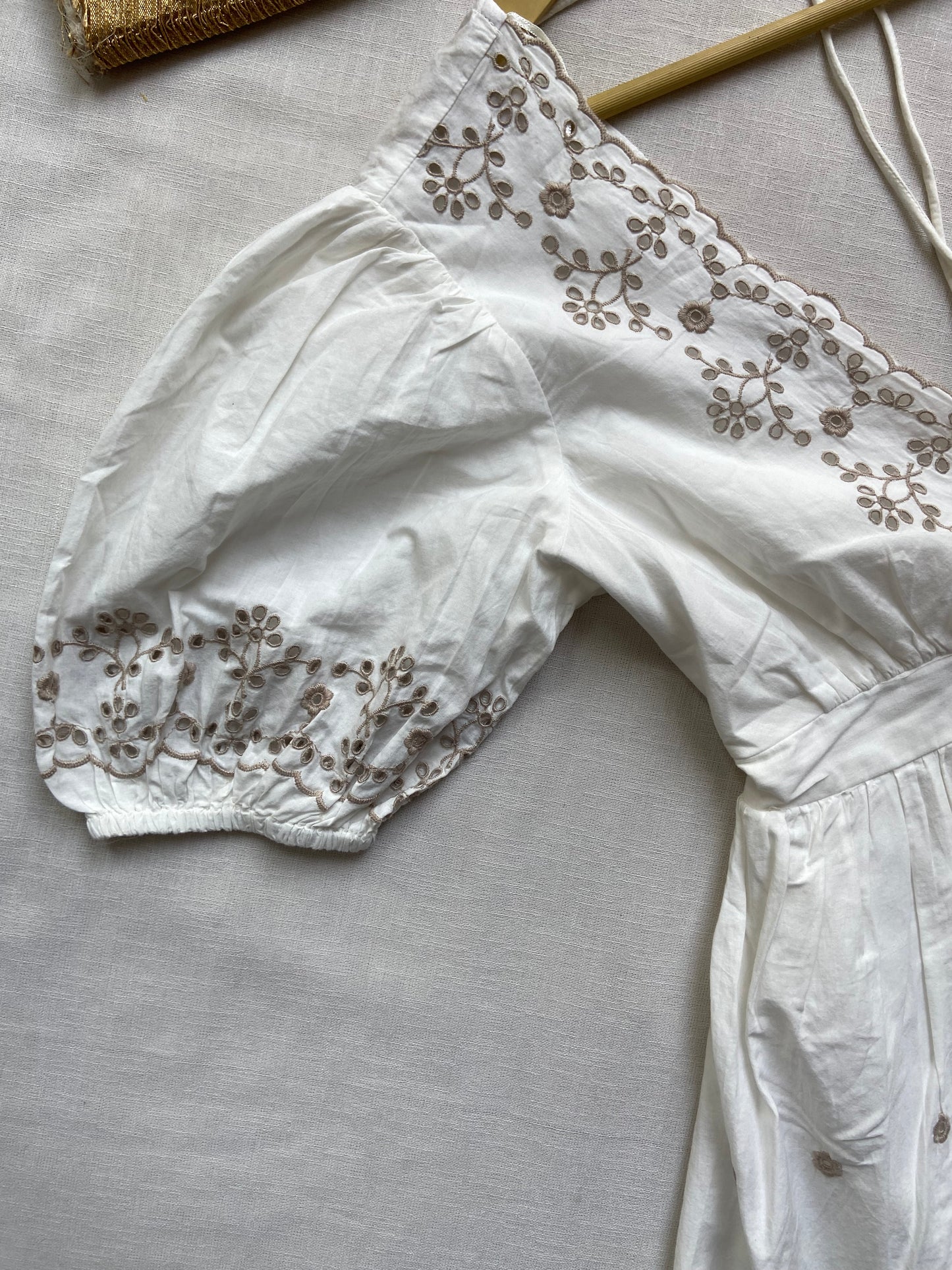 White Embroidered V-Neck Puff Sleeve Dress