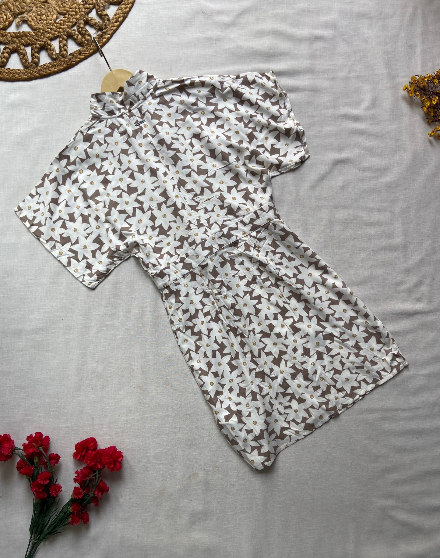 White And Beige Floral Wrap Style Mini Dress